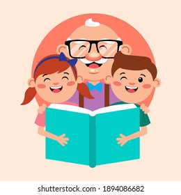 Illustration vector graphic of Cartoon Grandfather With Kids Reading Book.Perfect for children book cover, children book illustrations, Family events, Children Book Day event, etc.