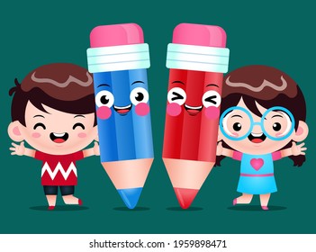 Illustration vector graphic of Cartoon Happy Children And Pencils. Perfect for mascot, children book cover, children book illustrations, wallpaper, kid's brochure, puzzle, game illustration, game asse