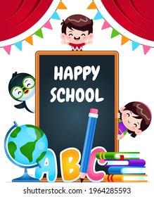 Illustration vector graphic of Cartoon Happy School Children and Penguin. Perfect for mascot, children book cover, children book illustrations, wallpaper, kid's brochure, puzzle, game illustration, ga