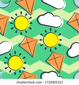 Illustration vector graphic of Cartoon Kite Sun Moon Cloud Seamless Pattern. Perfect for Blanket, Background, Baby Play Mats, Baby T-Shirts, Wallpaper, Backdrop, etc 