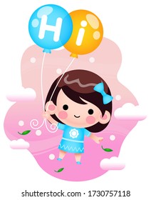 Illustration vector graphic of Cartoon Little Girl Flying With Balloons,Perfect for children book cover, children book illustrations, wallpaper, kid's brochure,  game illustration, animation, etc.
