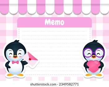 Illustration vector graphic of Cartoon Loving Penguin Paper Memo Pads Note Template. Perfect for mascot, children book cover, children book illustrations, wallpaper, kid's brochure, etc