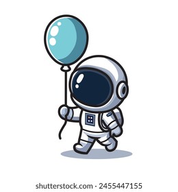 Illustration Vector Graphic Cartoon of a Mini Astronaut Holding a Blue Balloon, Symbol of Joyful Exploration 