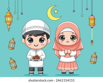 Illustration Vector Graphic Cartoon of a Muslim Couple Embracing Ramadan, Radiating Spiritual Unity and Devotion