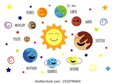 Illustration vector graphic of Cartoon our Solar System with color planets on white background. Perfect for children's printed books, printed stickers, children's t-shirts, etc.