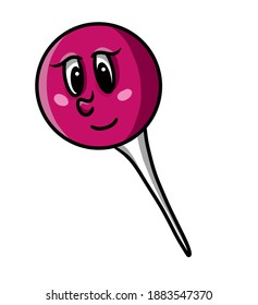 illustration vector graphic of cartoon pin image, with purplish pink color and smiling expression.