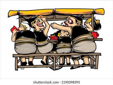 Illustration vector graphic cartoon of Punokawan is eating at the angkringan . They eat a lot and are happy. Suitable for posters, banners, t-shirts, logo, icon, etc.