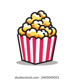 Illustration Vector Graphic Cartoon of Red and White Packaged Popcorn Icon, Signifying Movie Time Treats, Snack Delights, and Entertainment Joy in a Playful and Vibrant Style