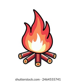Illustration Vector Graphic Cartoon of a  Roaring Bonfire, Featuring Intricate Details on the Flames, Wood and Perfect for Themes of Camping