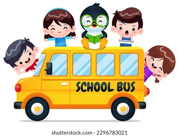 Illustration Vektorgrafik von Cartoon School Bus mit Smart Pinguin und Kinder. Ideal für Maskottchen, Kinderbuchcover, Kinderbuchillustrationen, Tapete, Puzzle, Spielgrafik