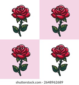Illustration Vector Graphic Cartoon of a Single Red Rose, Symbol of Love and Passion	