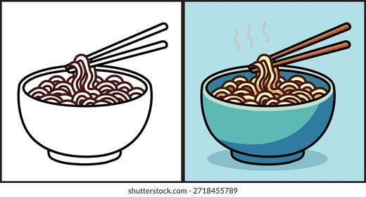 Vector de ilustración Dibujos animados gráficos de un tazón humeante de fideos con palillos