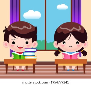 Gráfico vectorial de ilustración de estudiantes de caricatura leyendo libros en la biblioteca. Portada de libros perfecta para niños, ilustraciones de libros para niños, ilustración de juegos, banner, animación, etc