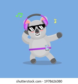 Illustration vector graphic cartoon of sweet koala dancing while listening to music. Childish cartoon design suitable for product design of children's books, t-shirt etc