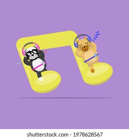 Illustration vector graphic cartoon of sweet dogs sleep while listening to music. Childish cartoon design suitable for product design of children's books, t-shirt etc