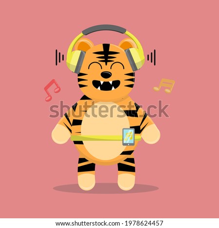 Illustration vector graphic cartoon of sweet tiger dancing while listening to music. Childish cartoon design suitable for product design of children's books, t-shirt etc