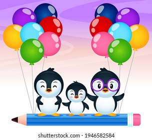 Illustration vector graphic of Cartoon Three Cute Penguins Riding On Flying Pencil. Perfect for children book cover, children book illustrations, game illustration, game assets, animation, etc.