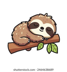 Illustration Vector Graphic Cartoon of a Tiny Sloth Peacefully Napping on a Branch, Featuring Fine Details on Its Fur, Claws, and Relaxed Expression