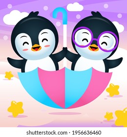 Illustration vector graphic of Cartoon Twins Penguins Riding Flying Umbrella. Perfect for children book cover, children book illustrations, game illustration, banner, animation, etc. 