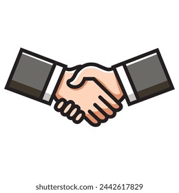Illustration Vector Graphic Cartoon of Two Hands Shaking in a Friendly Gesture, Symbolizing Partnership, Agreement, Cooperation, Unity, and Professionalism in Business and Social Interactions