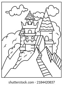 Illustration Vector Graphic Of The Castle on Top of The Mountain Line Art Good For Colring Book Children