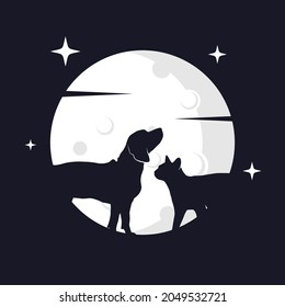 Illustration Vector Graphic of Cat and Dog with Moon Background. Perfect to use for T-shirt or Event