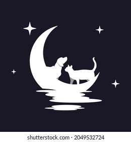 Illustration Vector Graphic of Cat and Dog with Moon Background. Perfect to use for T-shirt or Event