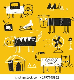 Illustration vector graphic of cat with friends, perfect for background, fabric or object pattern, printing ,warping, textile etc.