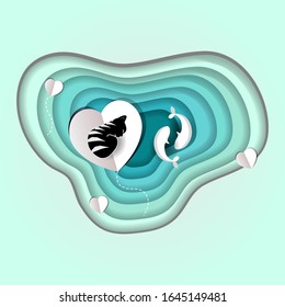 illustration vector graphic of cat sleeping above love symbol on the water, perfect for background, decoration, design, etc
