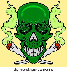 Illustration vector graphic of character cannabis smoked skull perfect forperfect for using cannabis product labels, or perfect for apparel printing