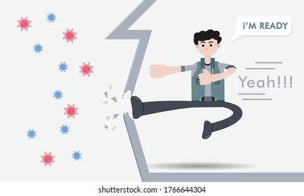 Illustration vector graphic character of 
human showing power with their kicks on the wall of the house until destroyed, the man is ready to fight with the virus.