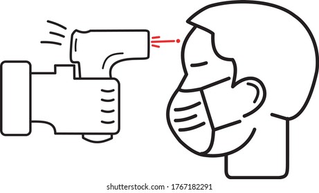 Ilustración vectorial gráfico de la comprobación de la temperatura corporal humana icono de línea delgada sobre fondo blanco. Símbolo de transmisión del virus de detección. Usar el coviente de termómetro infrarrojo sin contacto 