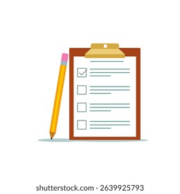 illustration vector graphic of a checklist clipboard with a yellow pencil beside it. perfect for productivity, planning, task management, or educational content.