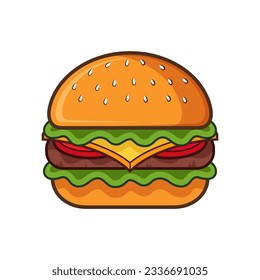 Illustration vector graphic of Cheese Burger Cartoon Vector. Perfect for Food flyers, children book cover, children book illustrations, wallpaper, kid's brochure, puzzle, game illustration, etc