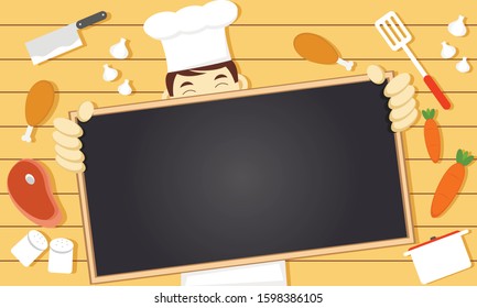 Illustration Vector Graphic of Chef Character Holding a Blackboard as Blank Copy Space Text Area