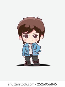 Illustration Vector Graphic Of Chibi Boy With Blue Jacket Good For Mascot, logo