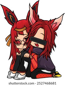 Illustration vector graphic of chibi couple characters with long hair and long red animal ears. Perfect for togetherness, comfort and harmony