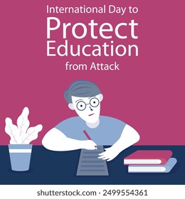 illustration vector graphic of a child wearing glasses is writing on paper, perfect for international day, protect education from attack, celebrate, greeting card, etc.
