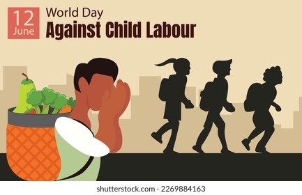 illustration vector graphic of a child worker is sad when he sees other children going to school, perfect for international day, world day against child labour, celebrate, greeting card, etc.