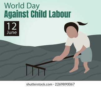 illustration vector graphic of a child working in the field with a rake, perfect for international day, world day against child labour, celebrate, greeting card, etc.