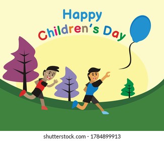 illustration vector graphic of children chasing loose balloons in the garden
, good for greeting card, poster, background, children's day moment, etc.
