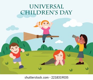 illustration vector graphic of children playing in the field, showing a girl flying with a broom, perfect for international day, universal children's day, celebrate, greeting card, etc.