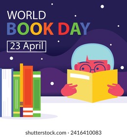 illustration vector graphic of a child's eyes glanced to the side while holding a book, perfect for international day, world book day, celebrate, greeting card, etc.