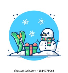 Illustration vector graphic of Christmas Snowman with gift box, Ski sport, snowflake. Christmas and New Year 2021 concept. Flat cartoon style perfect for sticker, wallpaper, icon, landing page, web