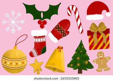 Illustration vector graphic of Christmas stuff. Best for Christmas Card design, invitation design, wall art and decor, product and packaging design, digital content, and other design.