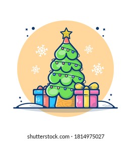 Illustration vector graphic of Christmas tree with a gift box and snowflake. Christmas and New Year 2021 concept. Flat cartoon style perfect for sticker, wallpaper, icon, landing page, website.