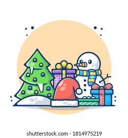 Illustration vector graphic of Christmas tree with Snowman, gift box, and Santa hat. Christmas and New Year 2021 concept. Flat cartoon style perfect for sticker, wallpaper, icon, landing page, website