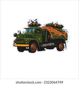 Illustration vector graphic of classic army truck, green color, white back ground.