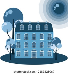 Illustration vector graphic of the  classic blue French building with cute natural style. This illustration fits for merchandise, sticker, etc.
