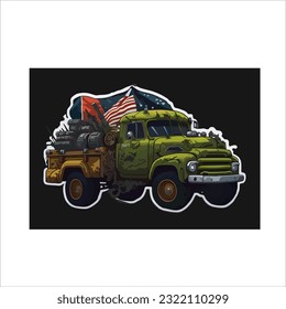 Illustration vector graphic of classic usa army truck, dark back ground, green color.